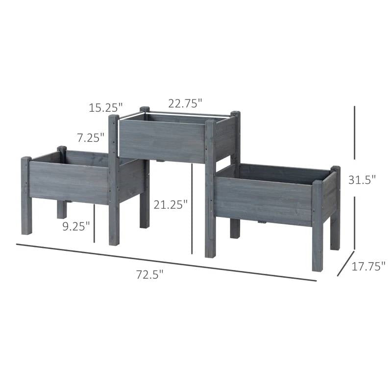 3 Grey Wood Elevated Planter Set Vegetable Herb Flowers Raised Garden Beds with dimensional measurements.