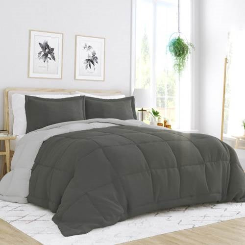 Full/Queen 3-Piece Microfiber Reversible Comforter Set in Grey / Light Grey displayed in a stylish bedroom setting.