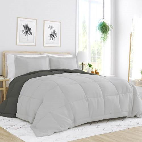 Full/Queen 3-Piece Microfiber Reversible Comforter Set in Grey / Light Grey displayed on bed