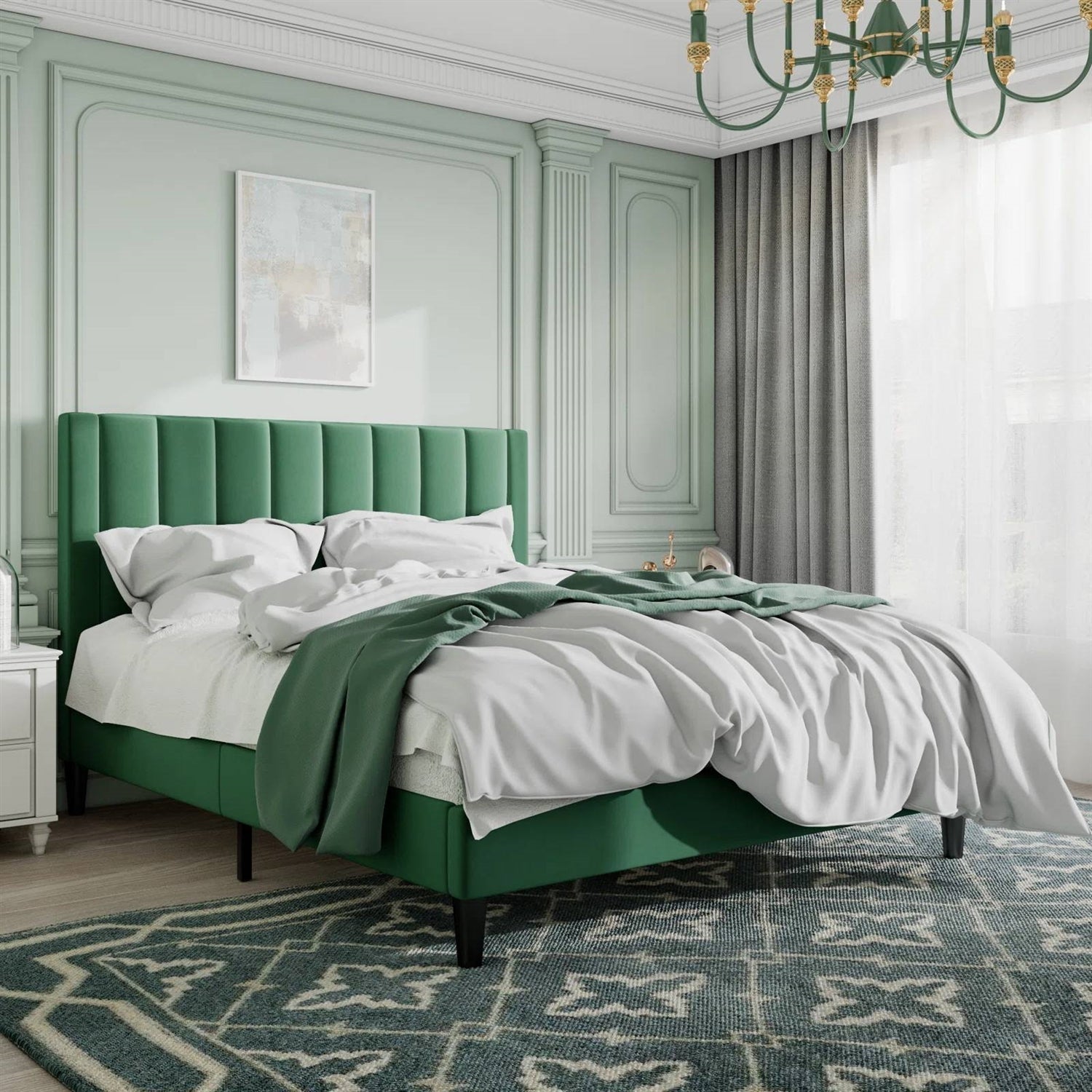 Queen size Modern Green Velvet Upholstered Platform Bed with Headboard in a stylish bedroom setting