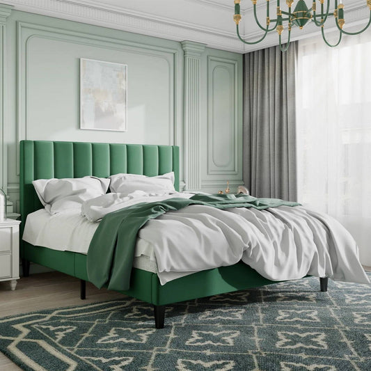 Queen size Modern Green Velvet Upholstered Platform Bed with Headboard in a stylish bedroom setting