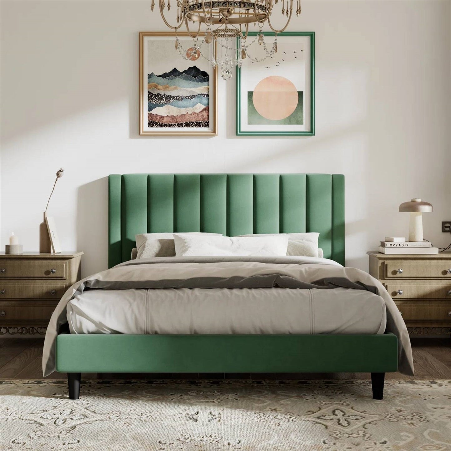 Queen size Modern Green Velvet Upholstered Platform Bed with Headboard in stylish bedroom setting