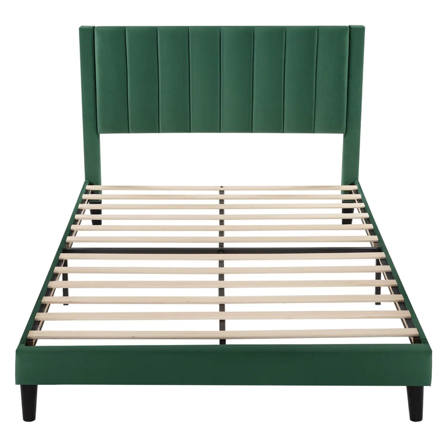 Queen size Modern Green Velvet Upholstered Platform Bed with Headboard showcasing durable wooden slats and sturdy frame.