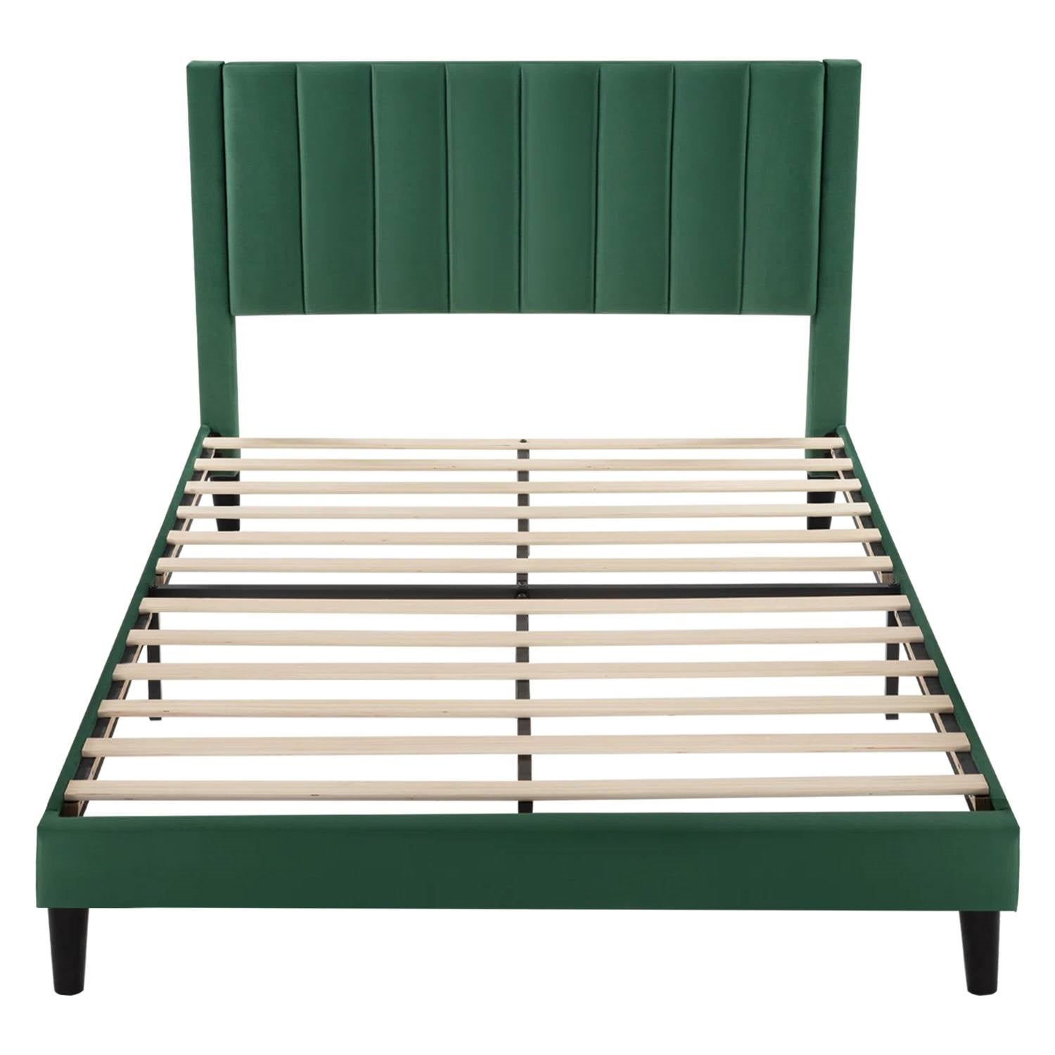 Queen size Modern Green Velvet Upholstered Platform Bed with Headboard showcasing durable wooden slats and sturdy frame.