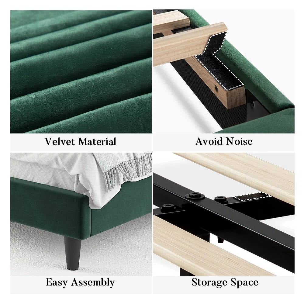 Details of Queen size Modern Green Velvet Upholstered Platform Bed with Headboard, showing velvet material, assembly features, and storage.
