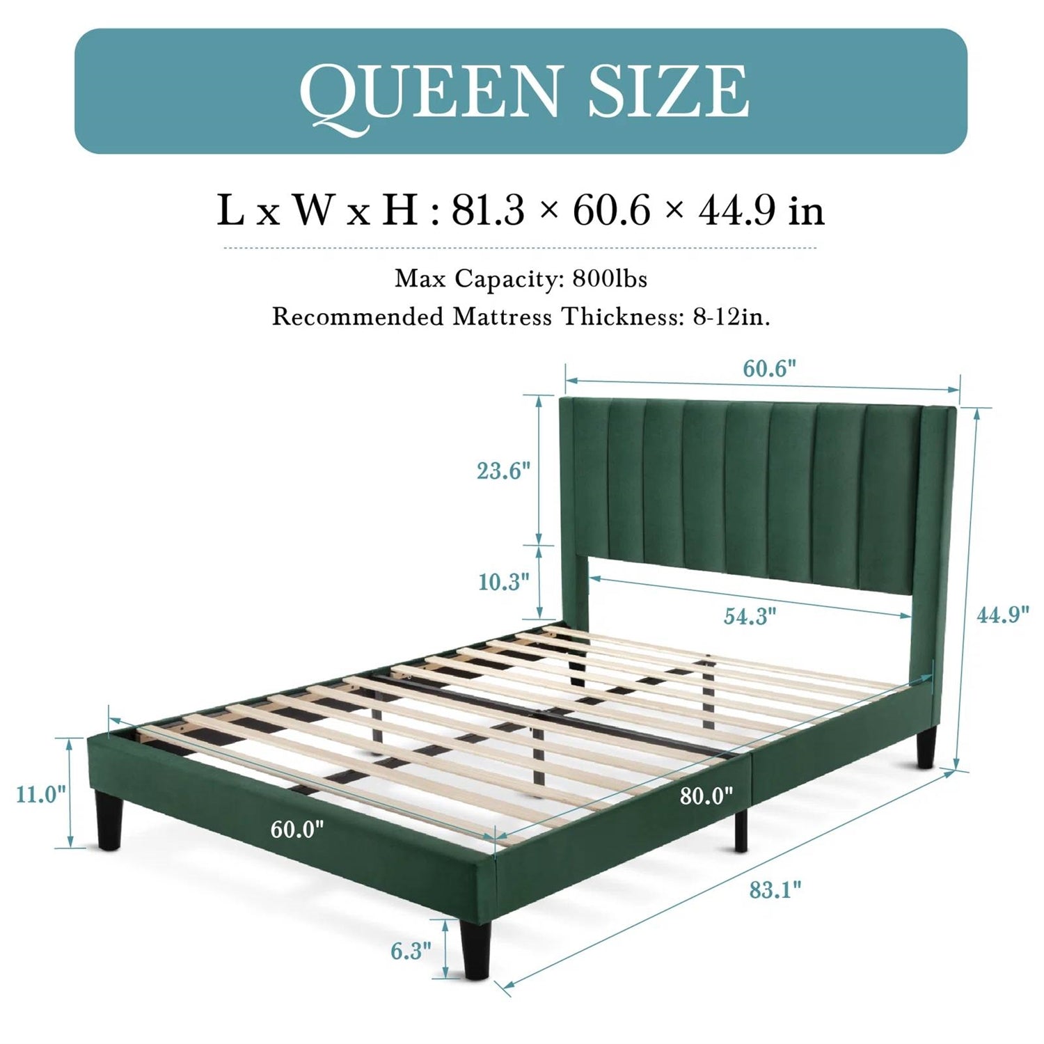 Queen size Modern Green Velvet Upholstered Platform Bed with Headboard, dimensions 81.3 x 60.6 x 44.9 inches, steel frame