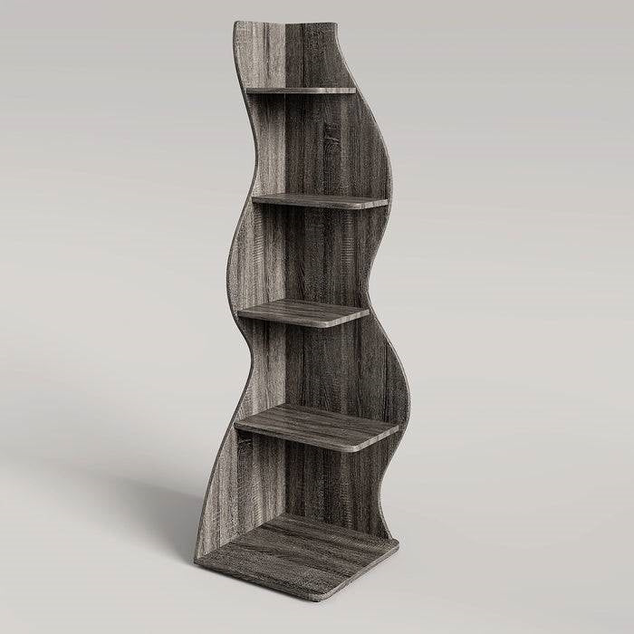 Modern 5 Shelf Corner Bookcase in Grey Wood Finish with a stylish wave design, perfect for adding elegance to home or office corners.