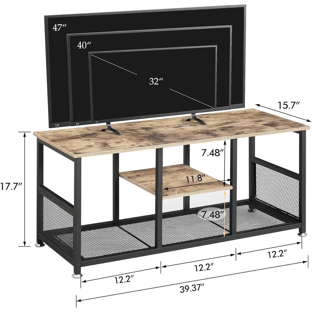 Industrial Modern Black Metal Grey Wood TV Stand with Media Storage Shelf, featuring dimensions 39.37x15.7x17.7 inches, shown with a TV.
