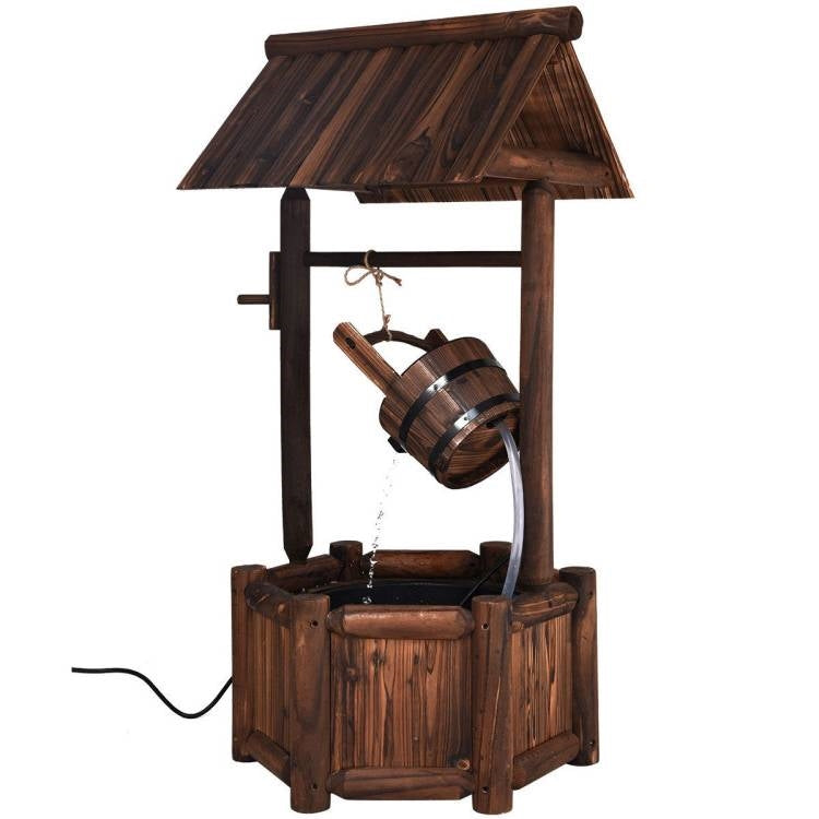 Outdoor Patio Garden Solid Wood Wishing Well Water Fountain with Pump, decorative garden feature with self-contained water system.