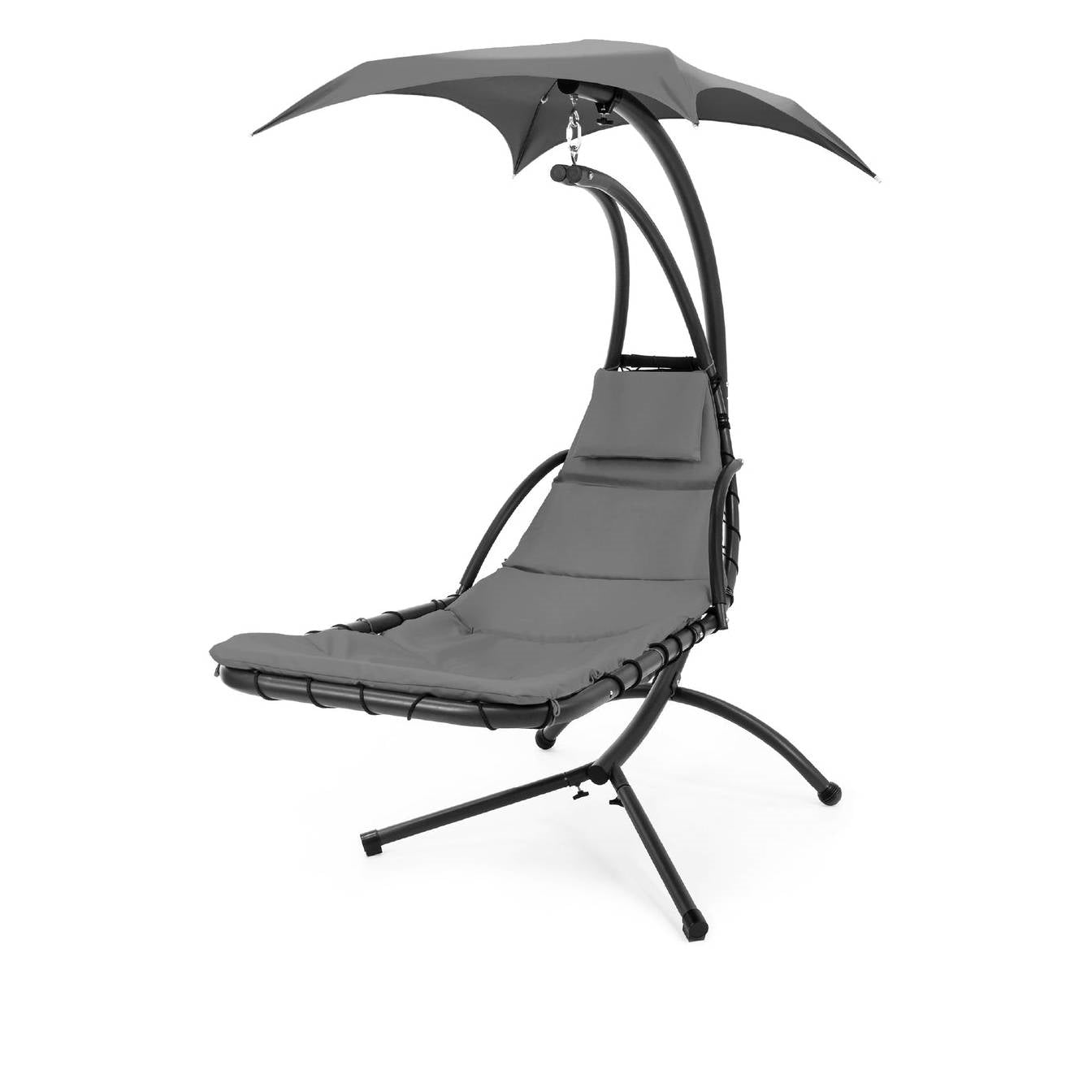Grey Single Person Sturdy Modern Chaise Lounger Hammock Chair Porch Swing with canopy, pillow, and cushion for outdoor relaxation.