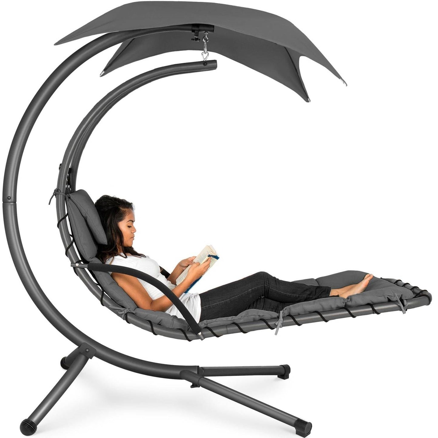 Grey Single Person Sturdy Modern Chaise Lounger Hammock Chair Porch Swing with canopy and cushion, perfect for backyard relaxation.