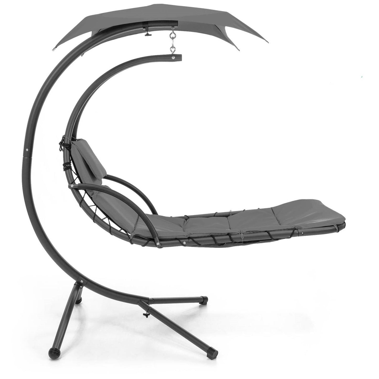 Grey Single Person Sturdy Modern Chaise Lounger Hammock Chair Porch Swing with canopy and cushion, ideal for backyard decor.