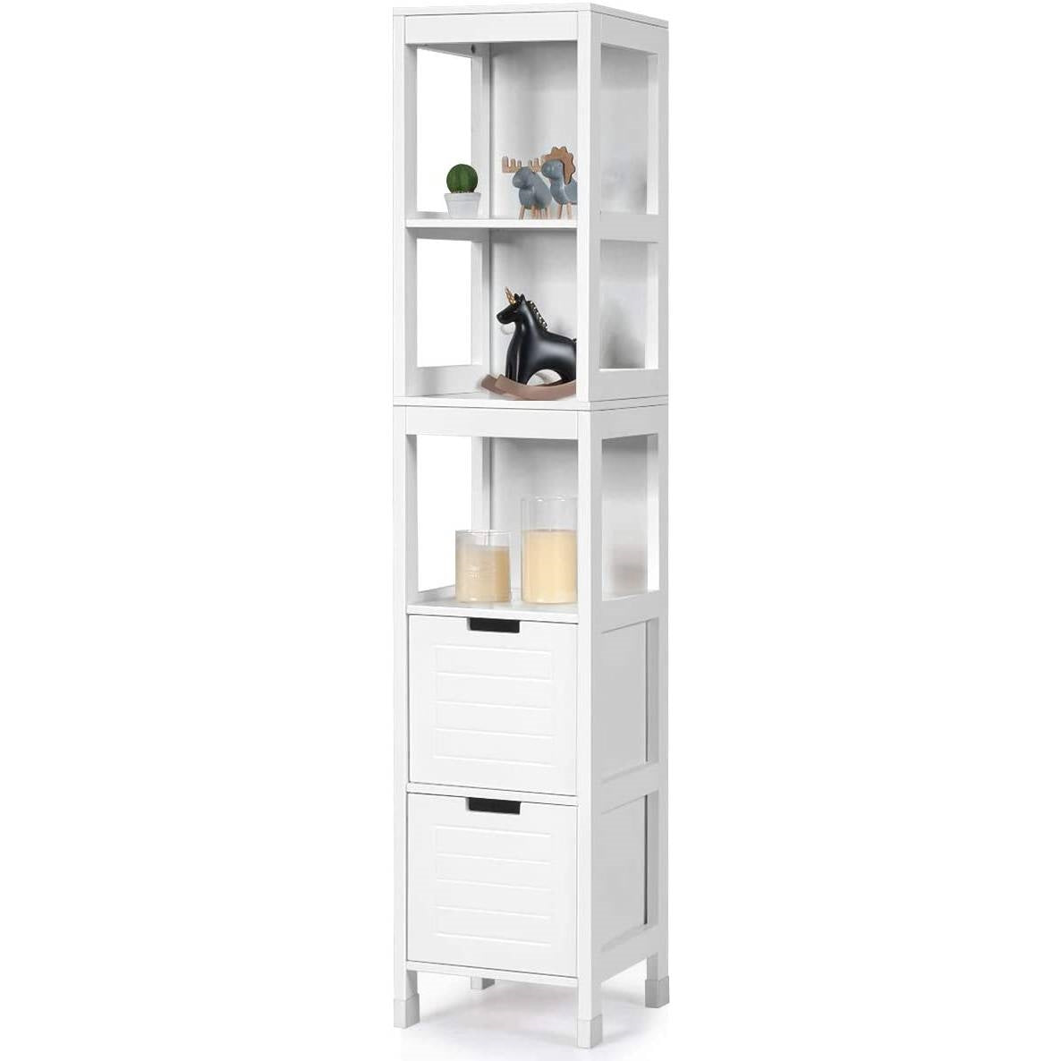 Bathroom Cabinet Tower with 2 Storage Drawers and 3 Shelves in White Wood Finish for organized bathrooms