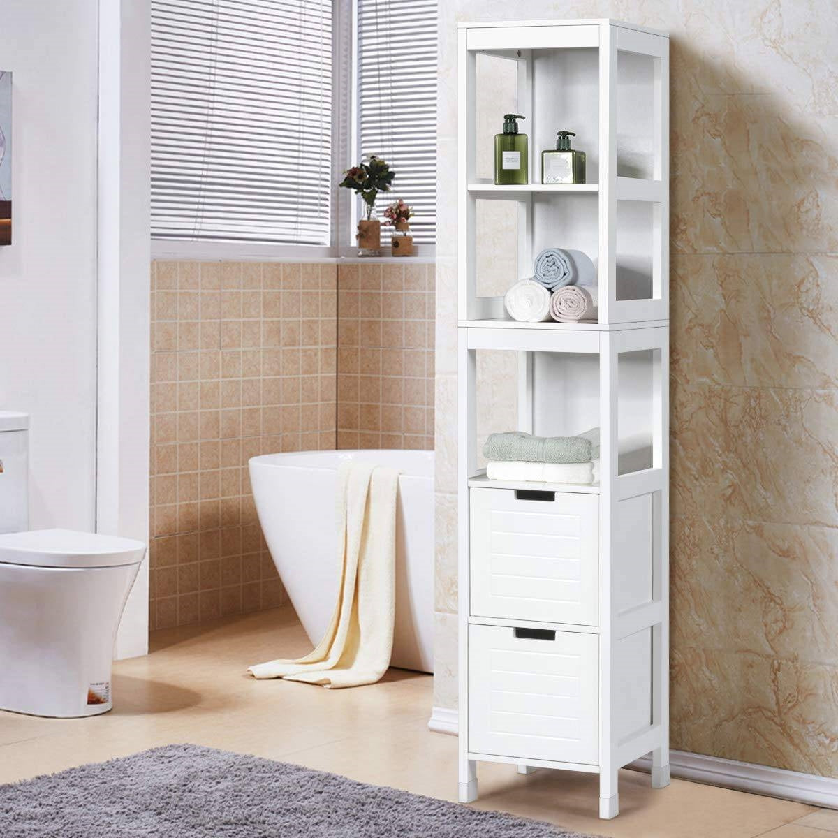 Bathroom Cabinet Tower with 2 Storage Drawers and 3 Shelves in White Wood Finish in a modern bathroom setting.