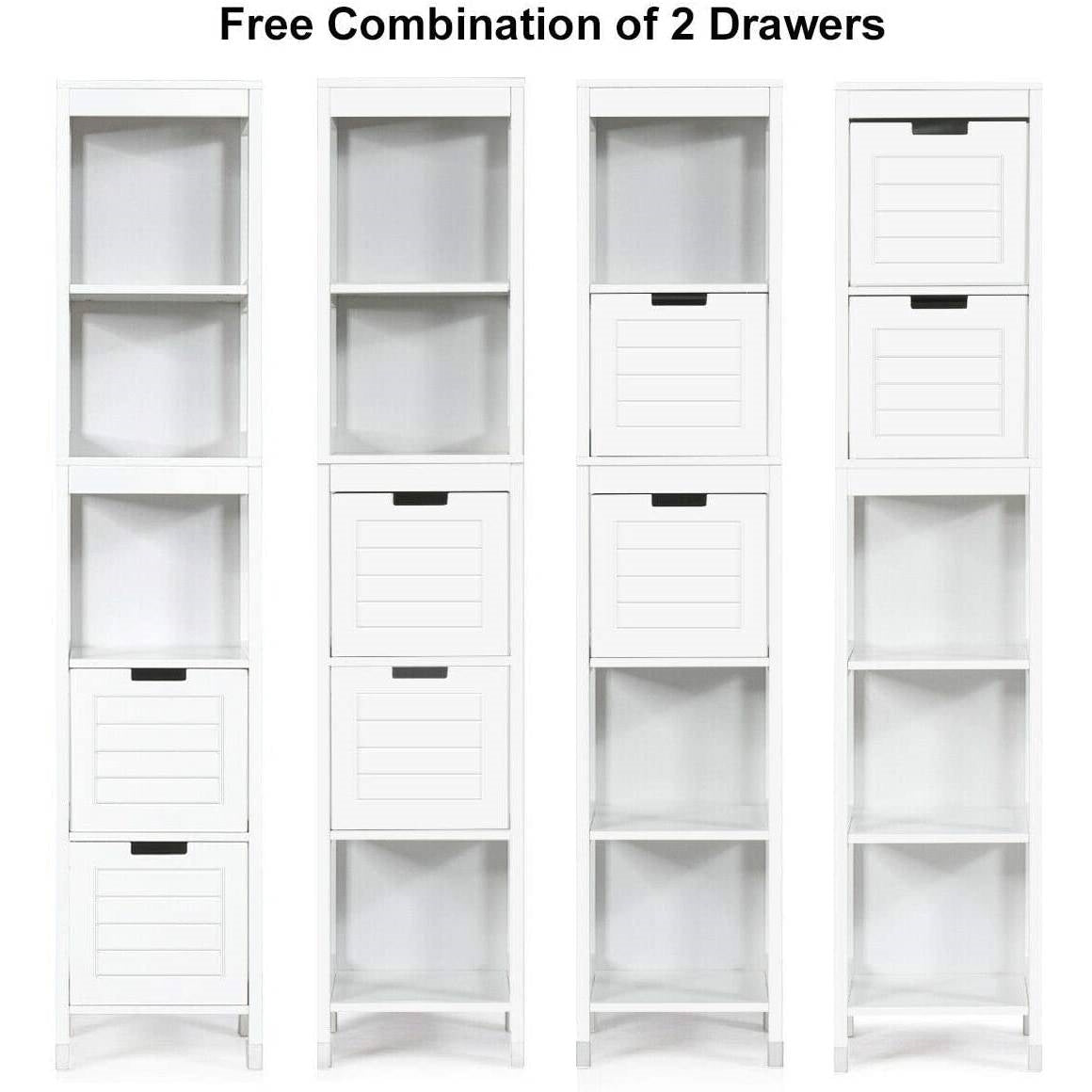 Bathroom Cabinet Tower with 2 Storage Drawers and 3 Shelves in White Wood Finish with adjustable drawer configuration