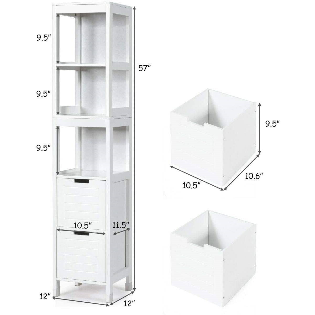 Bathroom Cabinet Tower with 2 Storage Drawers and 3 Shelves in White Wood Finish with measurements