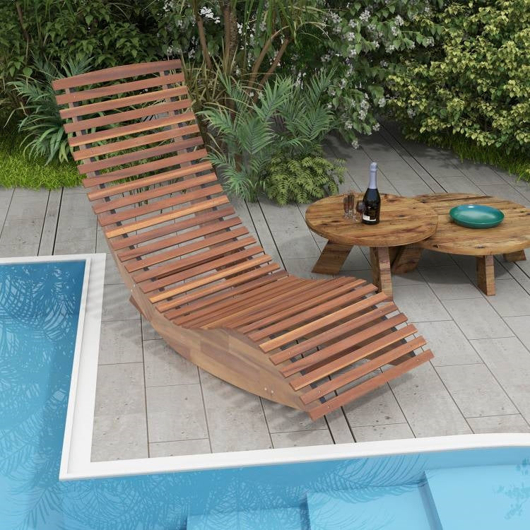 Premium Acacia Wood Rocking Chair Widened High Back Slatted Seat by the poolside for stylish outdoor lounging.