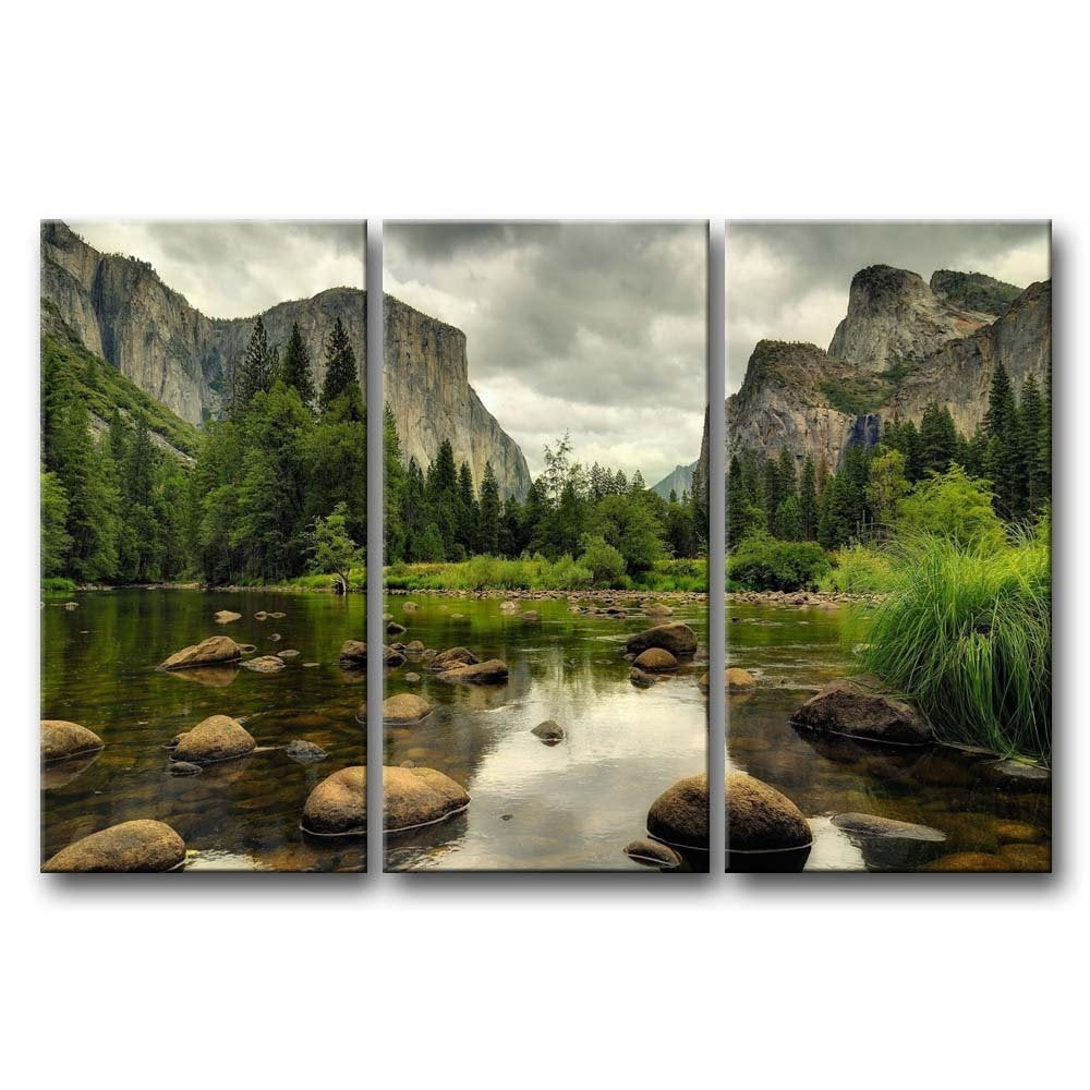 Yosemite Mountain Stream 3-Piece Wall Art Framed Print on Canvas depicting a serene natural landscape with vivid colors.