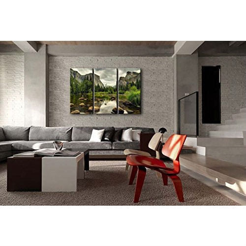 Yosemite Mountain Stream 3-Piece Wall Art Framed Print on Canvas displayed in modern living room
