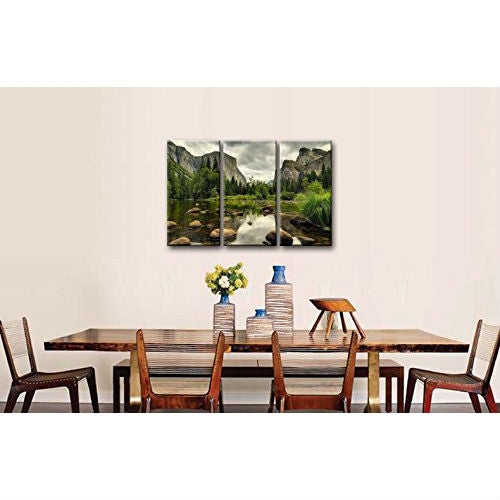 Yosemite Mountain Stream 3-Piece Wall Art Framed Print on Canvas above dining table