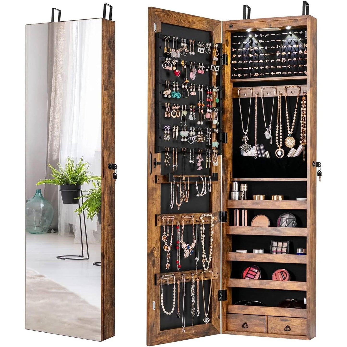 2-in-1 Door/Wall Mounted Jewelry Armoire Full Length Mirror in Brown Wood Finish with storage for earrings, rings, and necklaces