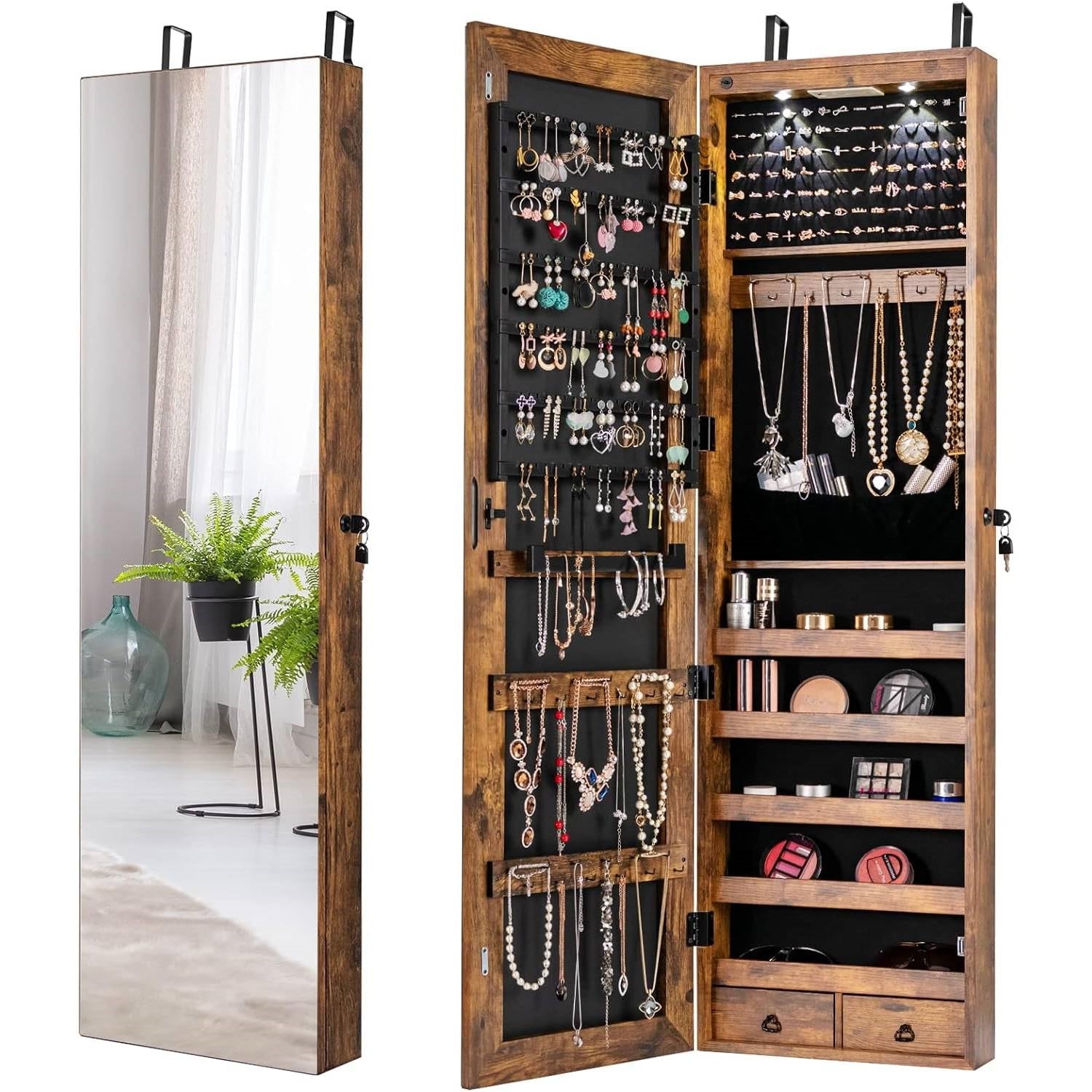 2-in-1 Door/Wall Mounted Jewelry Armoire Full Length Mirror in Brown Wood Finish with storage for earrings, rings, and necklaces