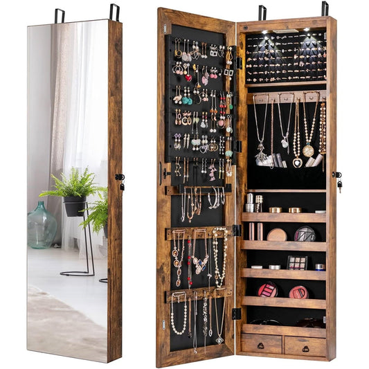 2-in-1 Door/Wall Mounted Jewelry Armoire Full Length Mirror in Brown Wood Finish with storage for earrings, rings, and necklaces