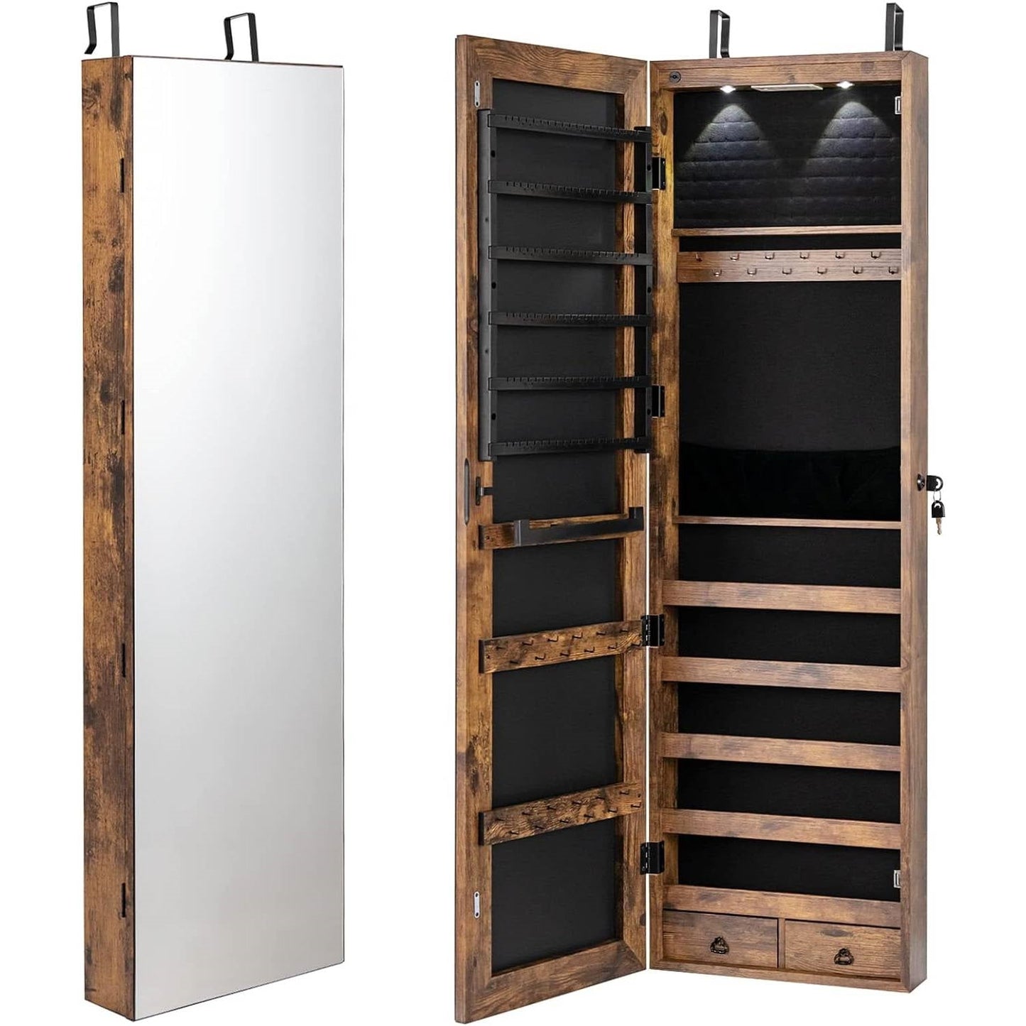 2-in-1 Door/Wall Mounted Jewelry Armoire Full Length Mirror in Brown Wood Finish with storage for earrings, rings, necklaces, and more.