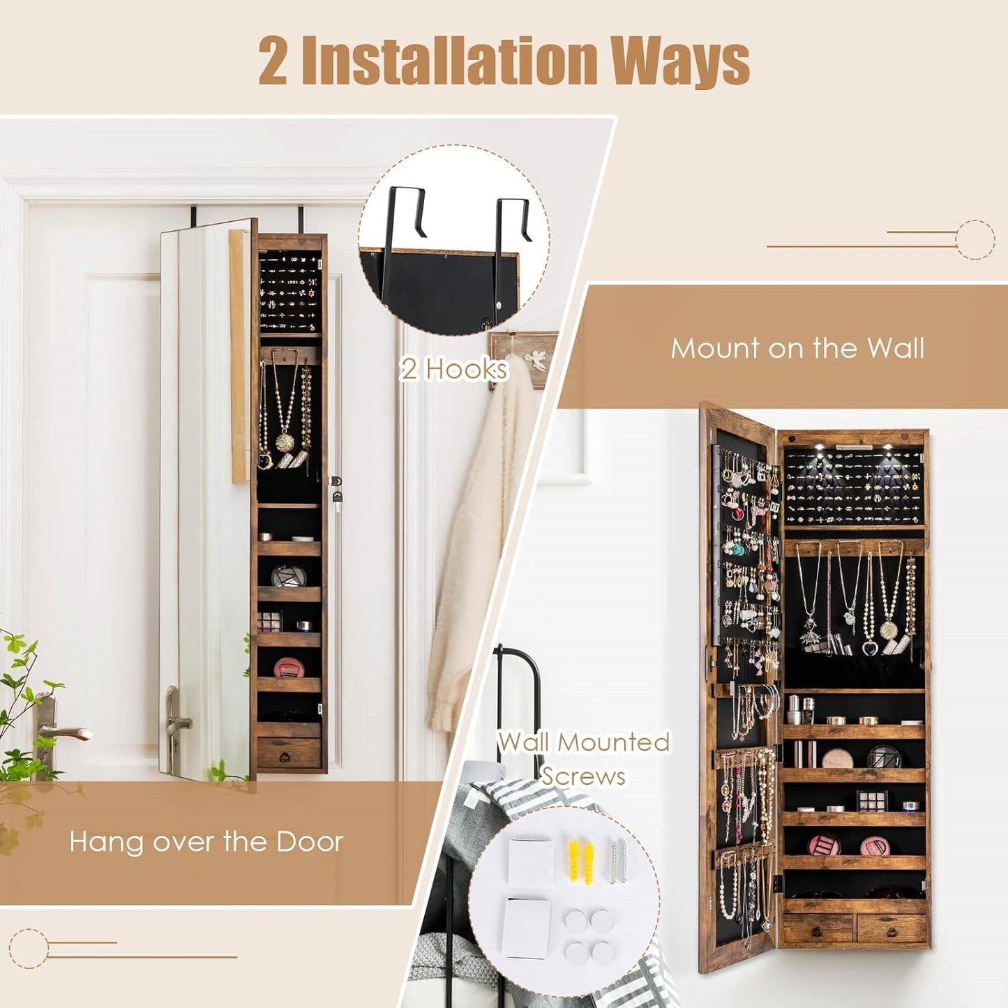 2 installation ways for 2-in-1 Door/Wall Mounted Jewelry Armoire Full Length Mirror in Brown Wood Finish