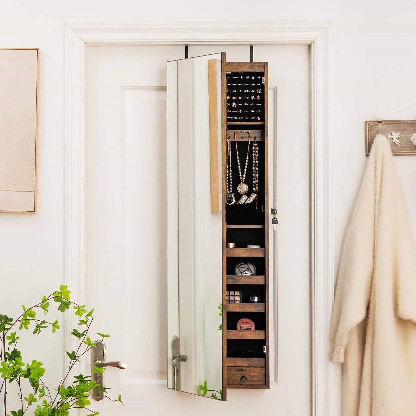 2-in-1 Door/Wall Mounted Jewelry Armoire Full Length Mirror in Brown Wood Finish with storage and organization features
