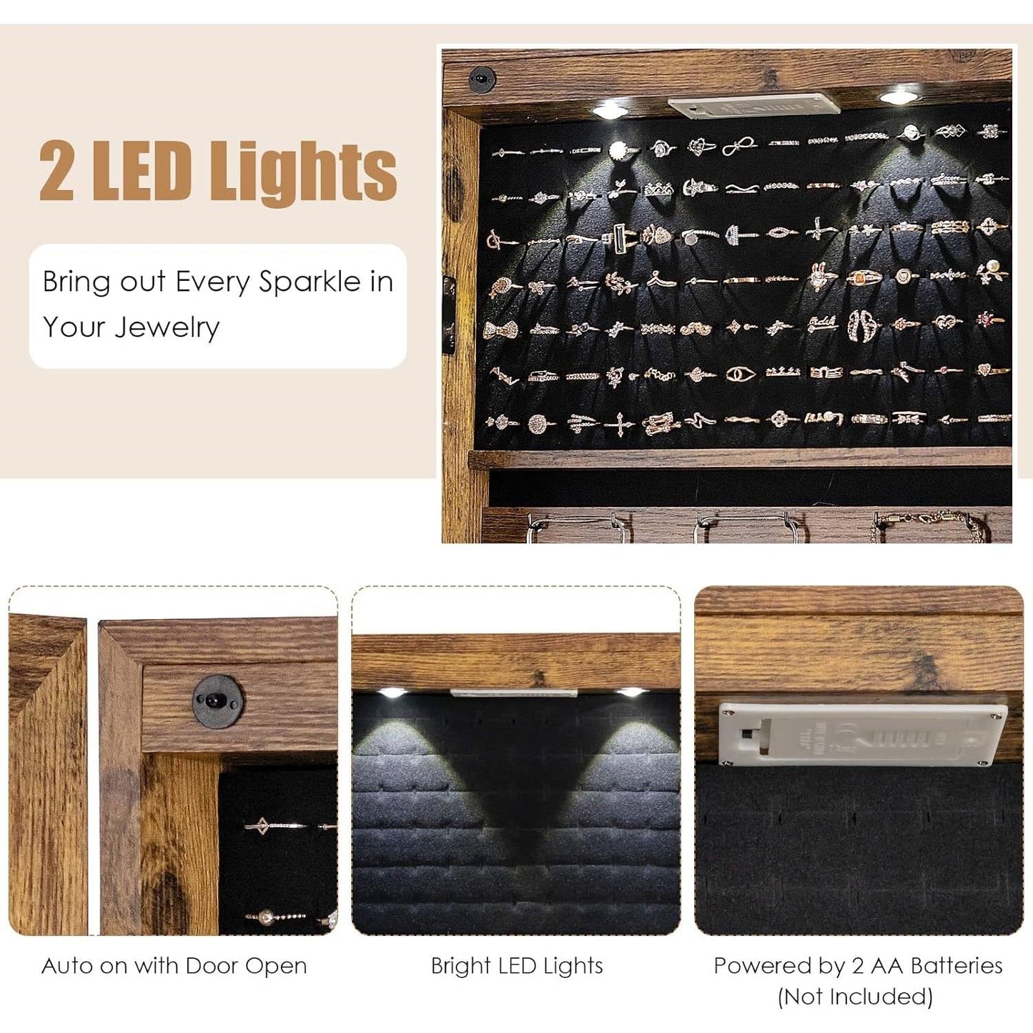 2-in-1 Door/Wall Mounted Jewelry Armoire Full Length Mirror in Brown Wood Finish with LED lights highlighting jewelry storage.