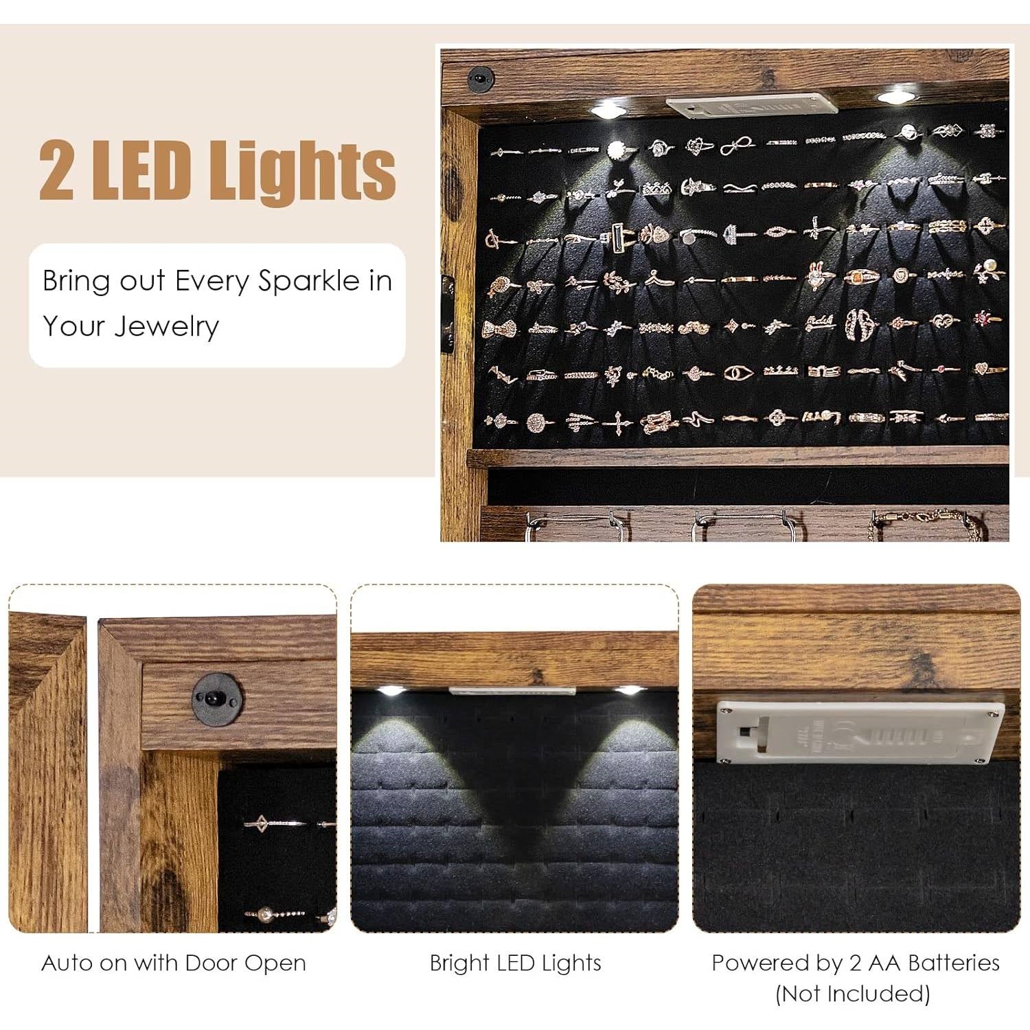 2-in-1 Door/Wall Mounted Jewelry Armoire Full Length Mirror in Brown Wood Finish with LED lights highlighting jewelry storage.