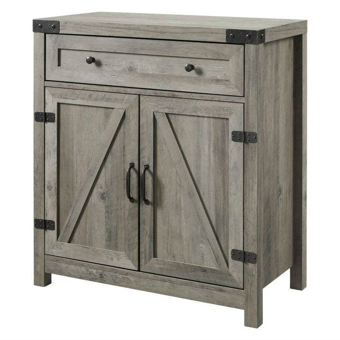 Rustic Farmhouse Barn Door Accent Storage Cabinet Grey Wash with antique bronze hardware and adjustable shelf in grey finish.