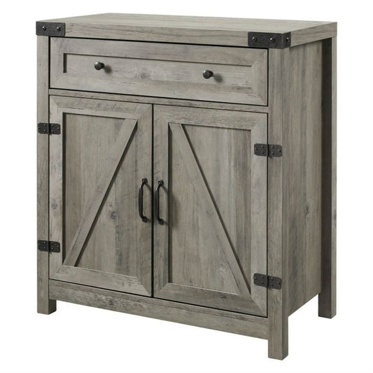 Rustic Farmhouse Barn Door Accent Storage Cabinet Grey Wash with antique bronze hardware and adjustable shelf in grey finish.