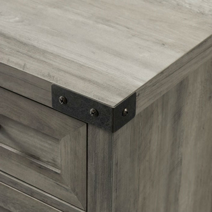 Close-up of Rustic Farmhouse Barn Door Accent Storage Cabinet Grey Wash with antique bronze hardware.