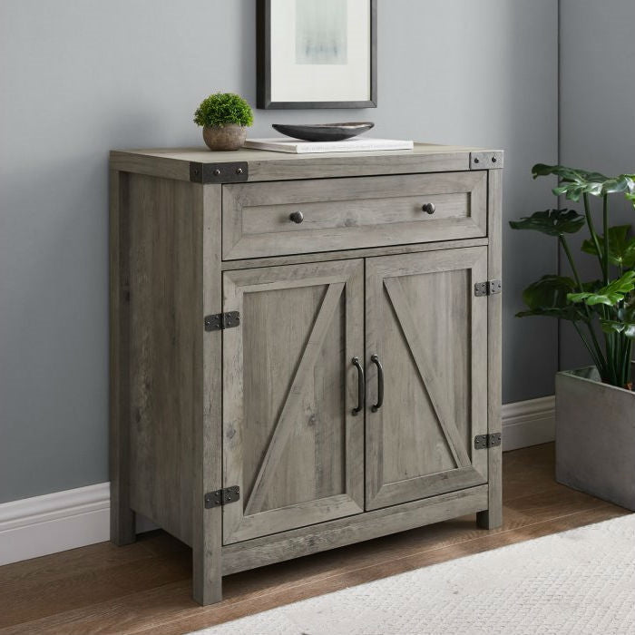 Rustic Farmhouse Barn Door Accent Storage Cabinet Grey Wash with antique bronze hardware in a modern living room setting.