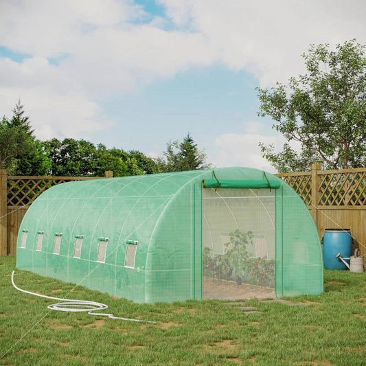 26.2 ft x 9.7 ft Outdoor Walk-in Greenhouse with Green PE Cover and Steel Frame in backyard