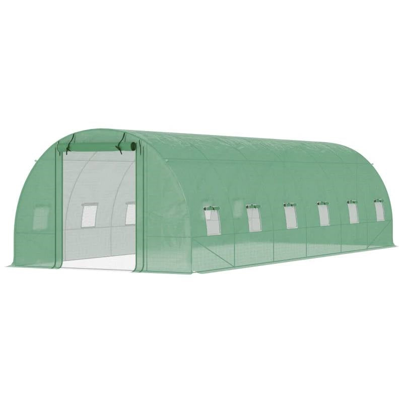 26.2 ft x 9.7 ft Outdoor Walk-in Greenhouse with Green PE Cover and Steel Frame featuring zip-up door and windows