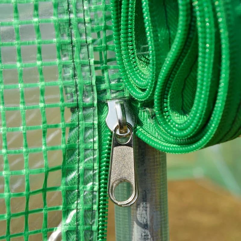 Close-up of the zipper on the green PE cover of the 26.2 ft x 9.7 ft Outdoor Walk-in Greenhouse with Green PE Cover and Steel Frame.