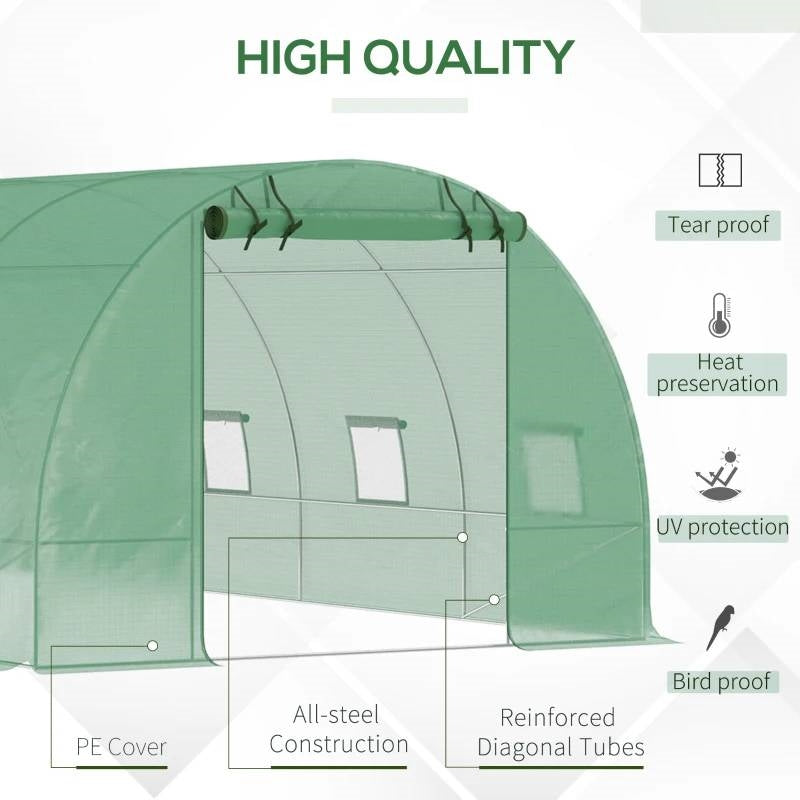 26.2 ft x 9.7 ft Outdoor Walk-in Greenhouse with Green PE Cover and Steel Frame featuring high quality design.