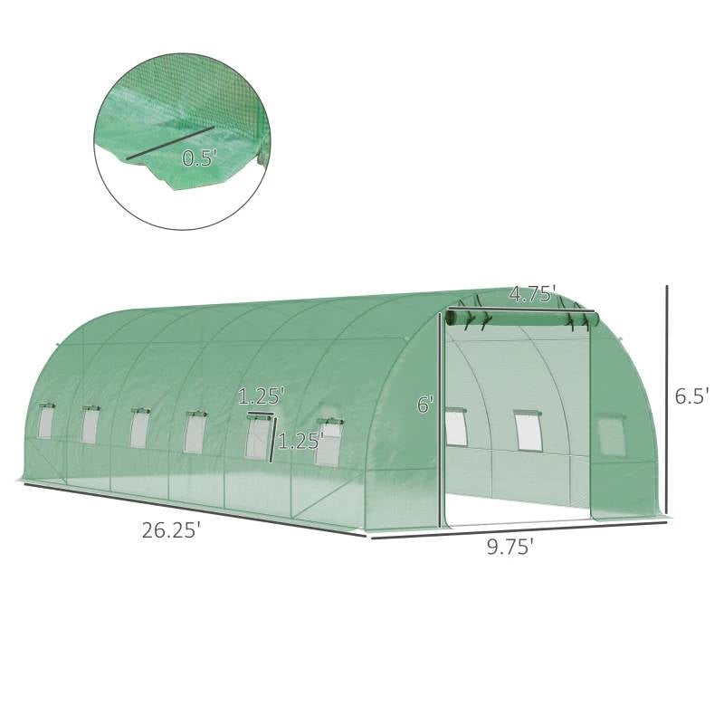 26.2 ft x 9.7 ft Outdoor Walk-in Greenhouse with Green PE Cover and Steel Frame, ideal for year-round gardening.