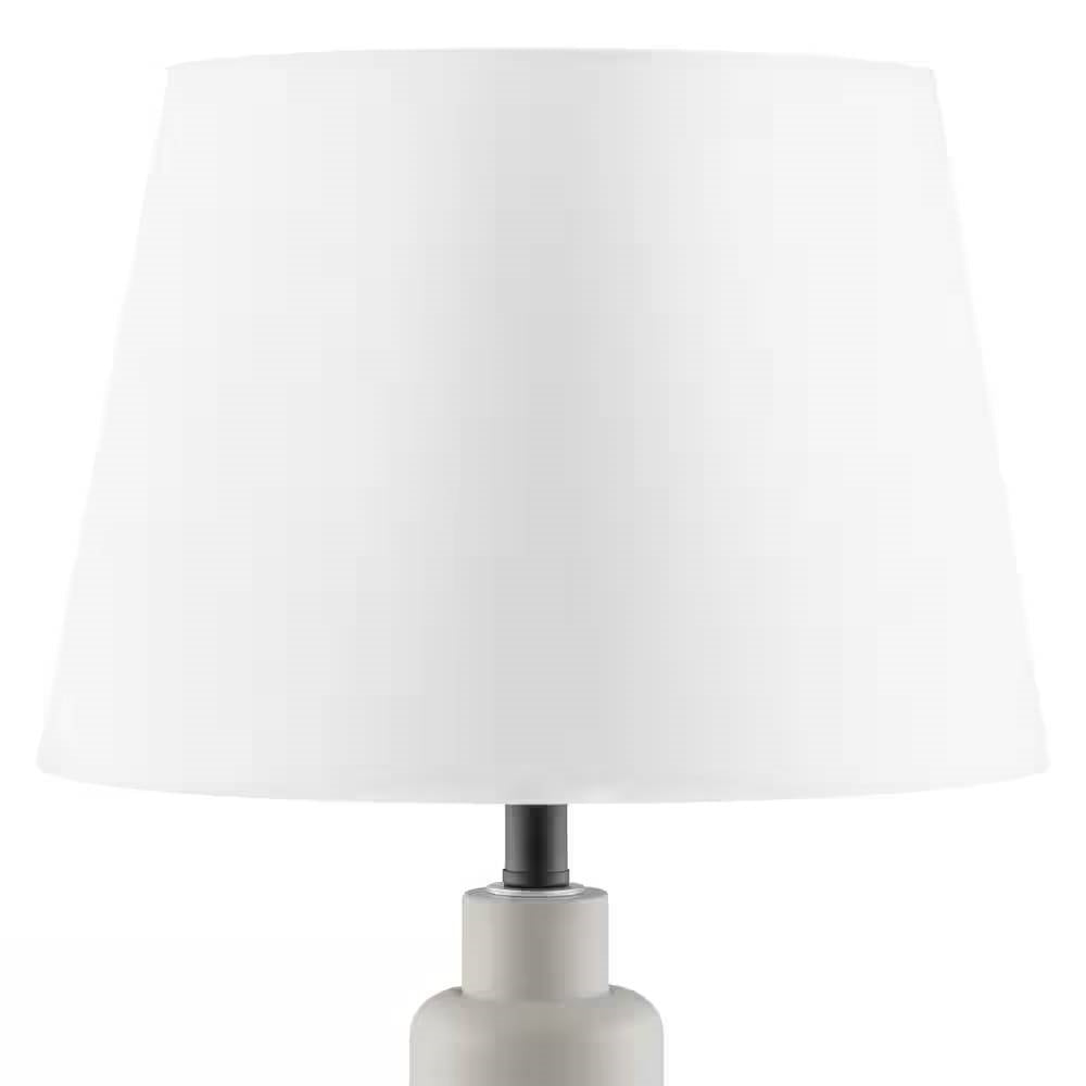 Small Grey Desk Light Table Lamp with White Fabric Shade for Bedside Nightstand featuring a white fabric shade and grey resin base.
