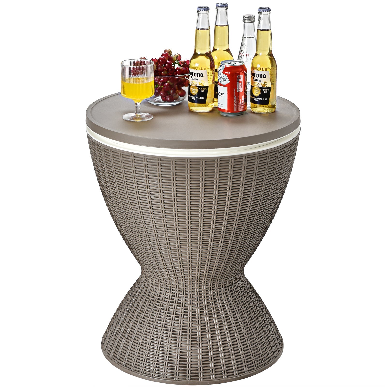 3 in 1 8 Gallon Patio Rattan Cooler Bar Table with Adjust Ice Bucket-Brown used as a side table with drinks and snacks on top