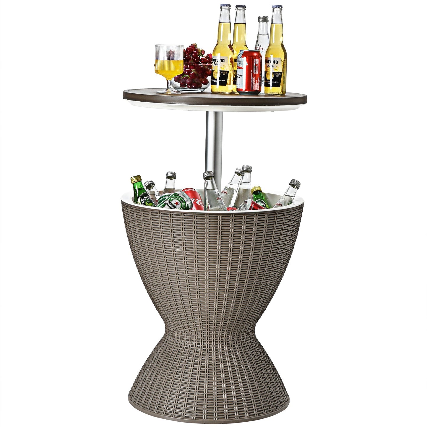 3 in 1 8 Gallon Patio Rattan Cooler Bar Table with Adjust Ice Bucket-Brown displaying drinks and ice, featuring a retractable tabletop