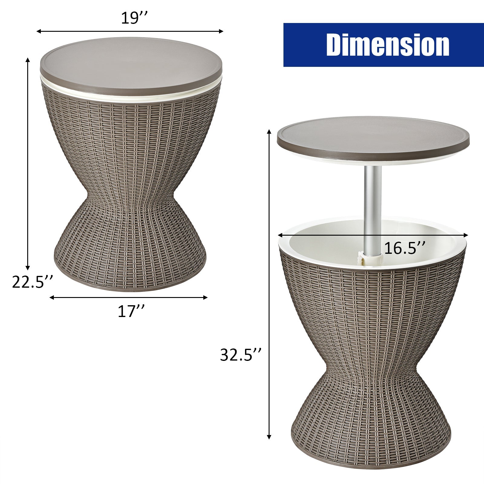 Dimensions of 3 in 1 8 Gallon Patio Rattan Cooler Bar Table with Adjust Ice Bucket-Brown showing tabletop adjustments