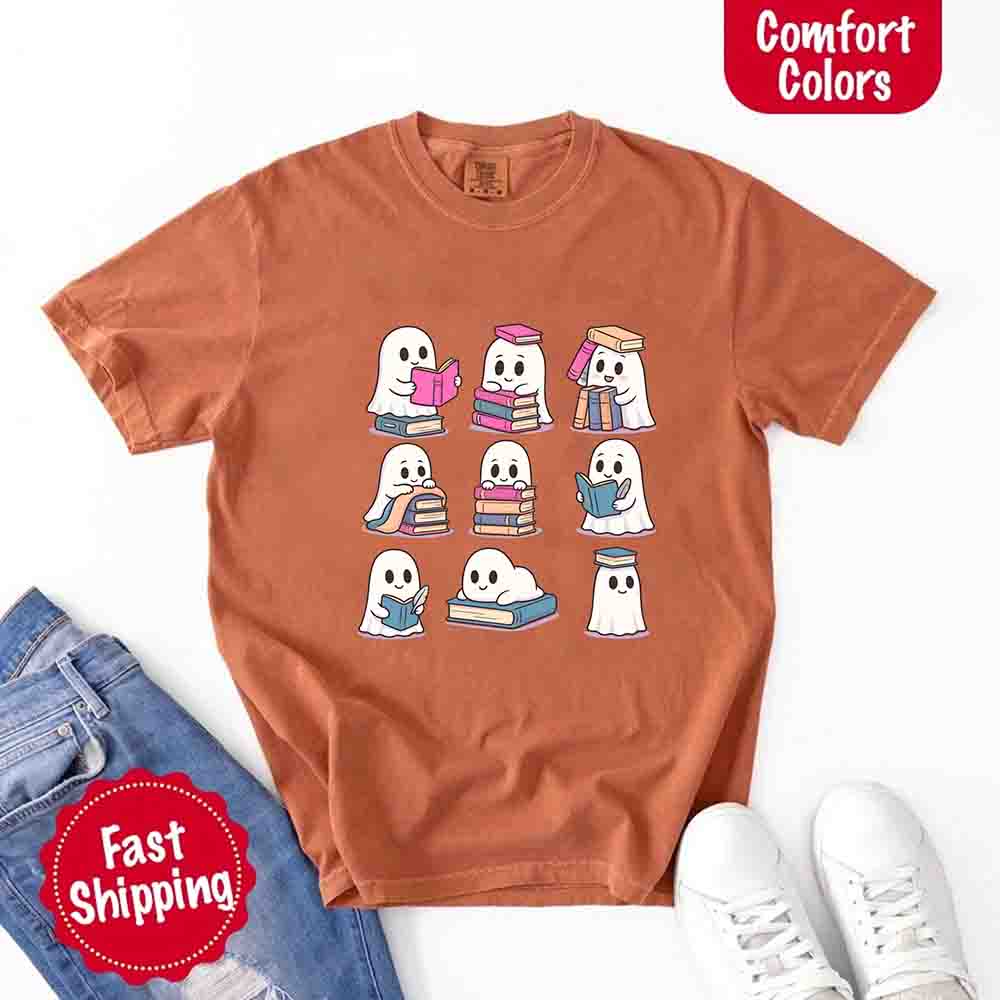 Ghost Reading Comfort Colors Shirt – Spooky Book Lover Halloween Tee