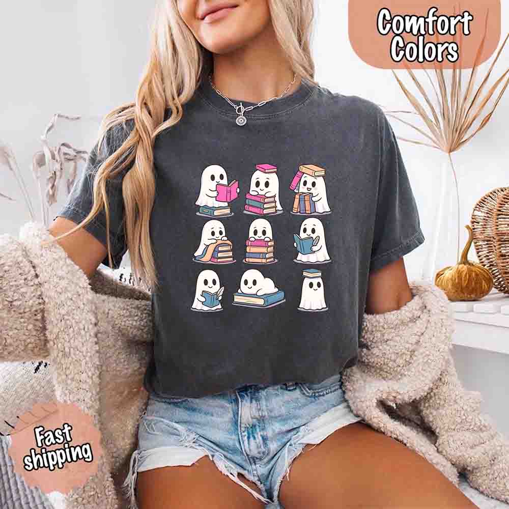 Ghost Reading Comfort Colors Shirt – Spooky Book Lover Halloween Tee