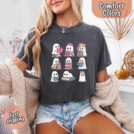 Ghost Reading Comfort Colors Shirt – Spooky Book Lover Halloween Tee