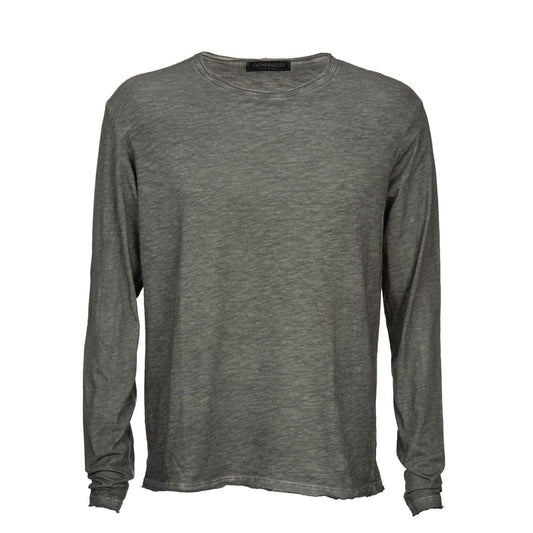 Grey 100% Cotton Roll Neck Cold Dyed T-Shirt (L/S), long sleeves, lightweight fabric, made in Italy