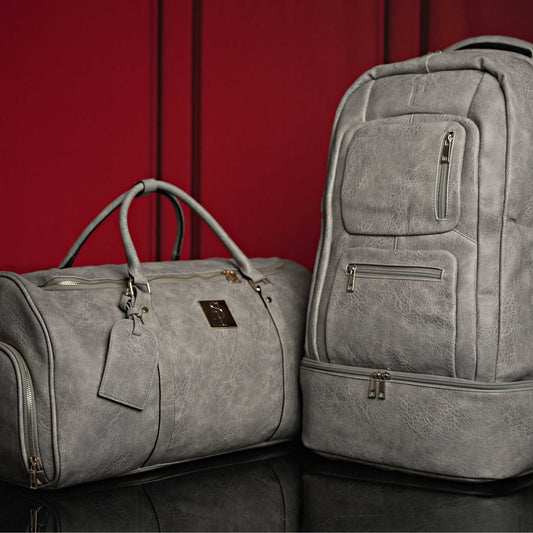 Grey Tumbled Leather Signature Bag Set (Signature Backpack and Duffle Bag)